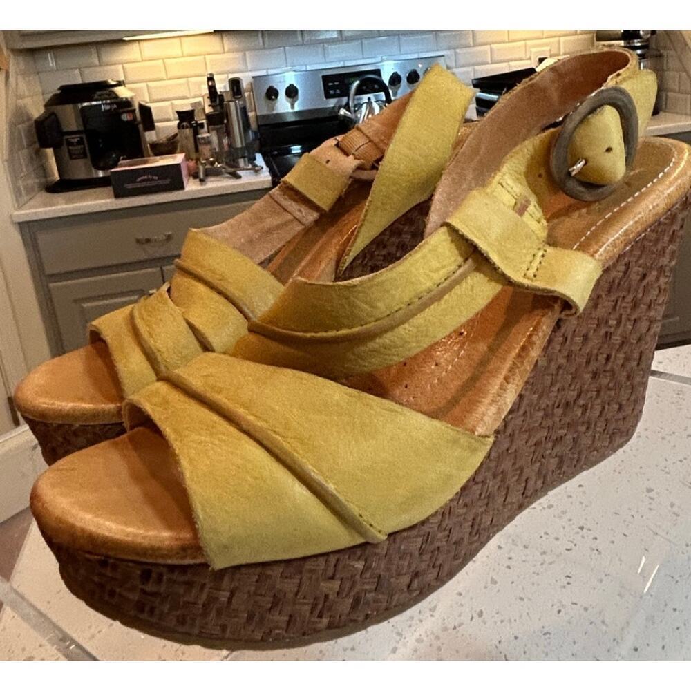 Naya Yellow Leather Strappy Brown Woven Platform Sandals - Size 7 - Picture 3 of 4